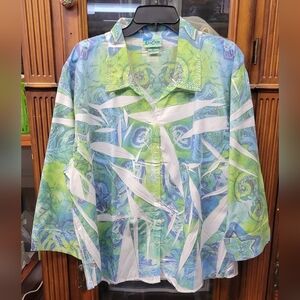 Las Olas 2X Green Blue Button Up 3/4 Sleeve